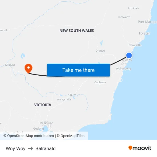 Woy Woy to Balranald map
