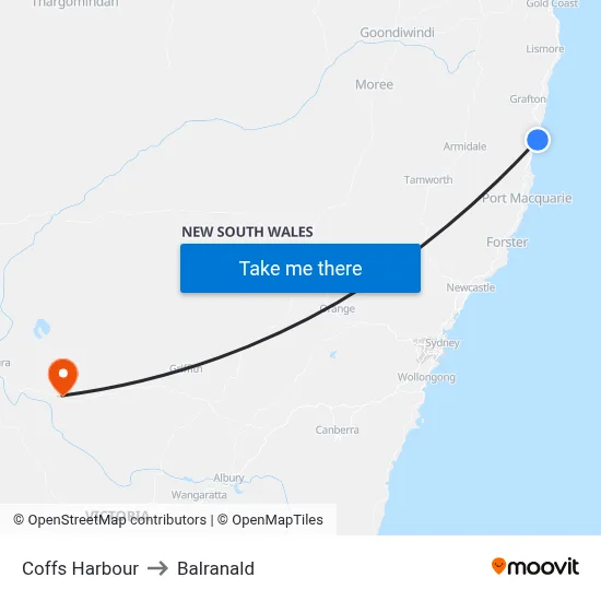 Coffs Harbour to Balranald map