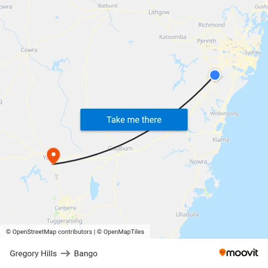 Gregory Hills to Bango map