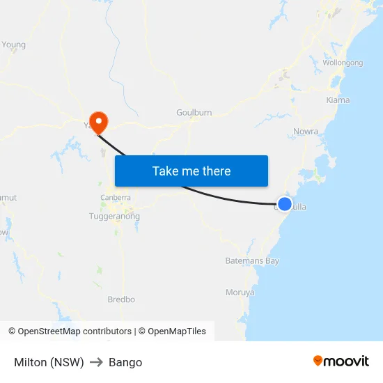 Milton (NSW) to Bango map