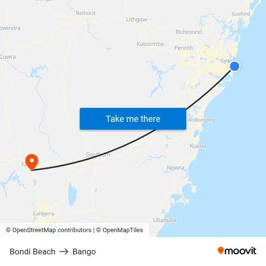 Bondi Beach to Bango map