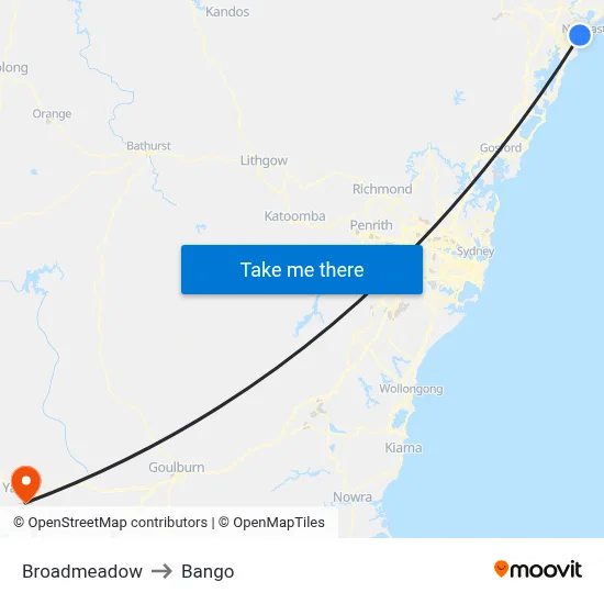 Broadmeadow to Bango map