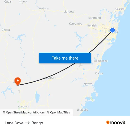 Lane Cove to Bango map