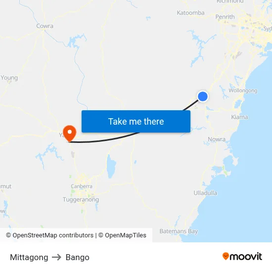Mittagong to Bango map