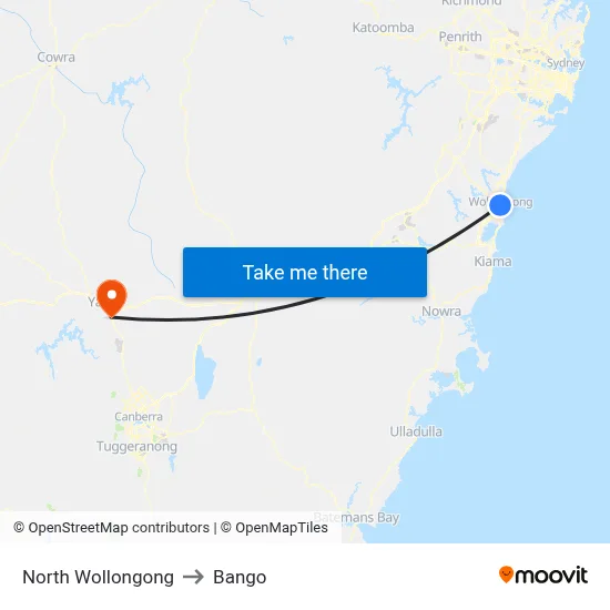 North Wollongong to Bango map