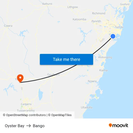 Oyster Bay to Bango map