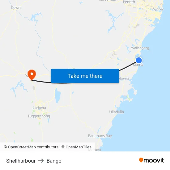 Shellharbour to Bango map