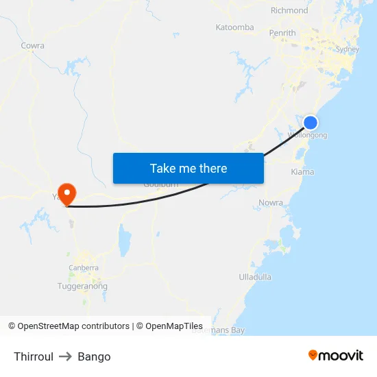 Thirroul to Bango map