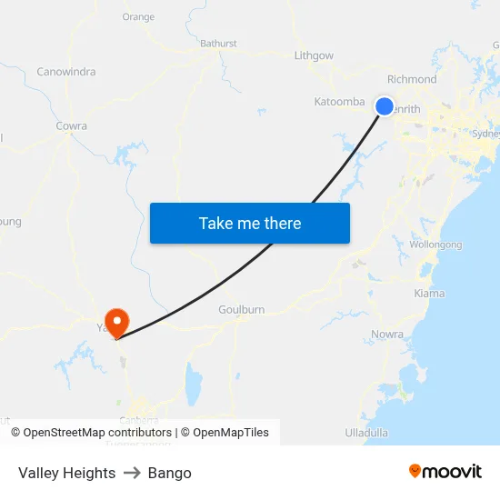 Valley Heights to Bango map