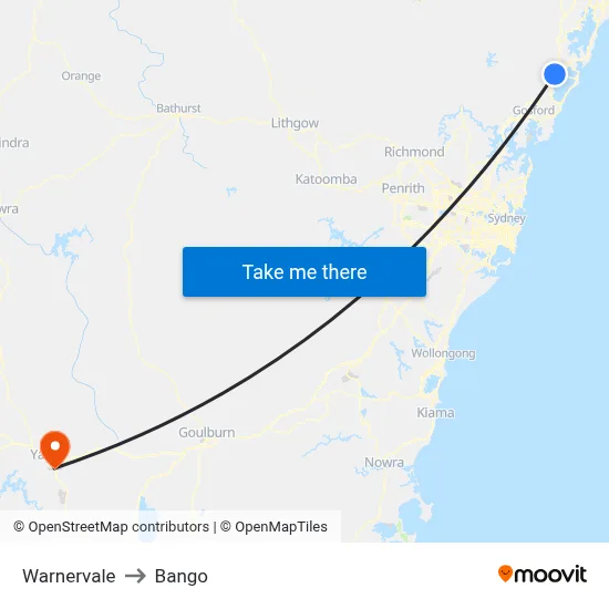 Warnervale to Bango map