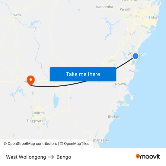 West Wollongong to Bango map