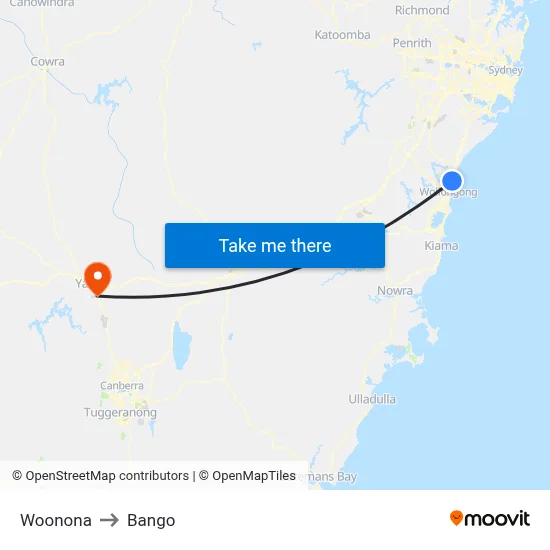 Woonona to Bango map