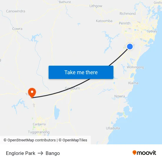 Englorie Park to Bango map