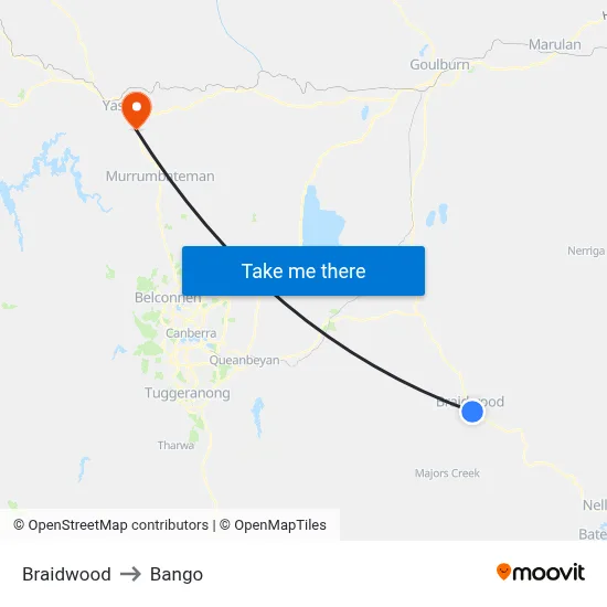 Braidwood to Bango map