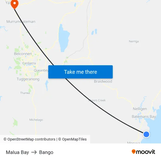 Malua Bay to Bango map