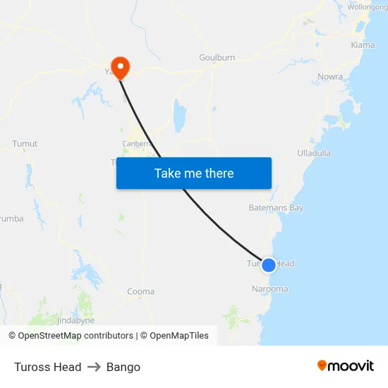 Tuross Head to Bango map