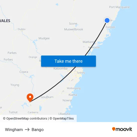 Wingham to Bango map