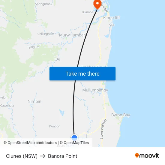 Clunes (NSW) to Banora Point map