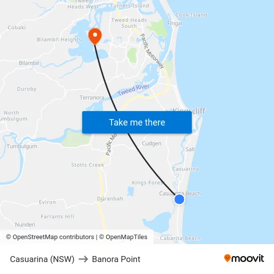 Casuarina (NSW) to Banora Point map