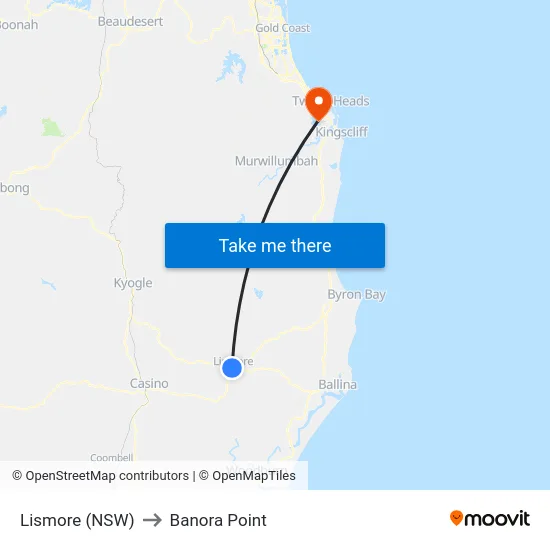 Lismore (NSW) to Banora Point map