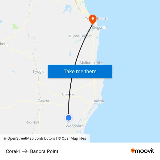 Coraki to Banora Point map
