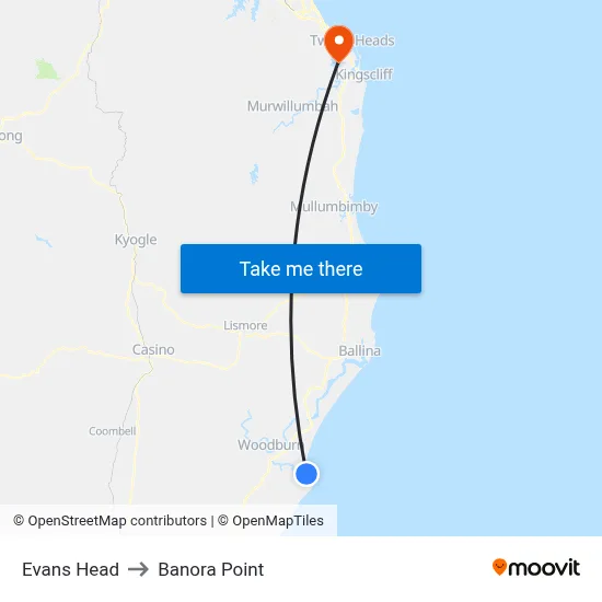 Evans Head to Banora Point map