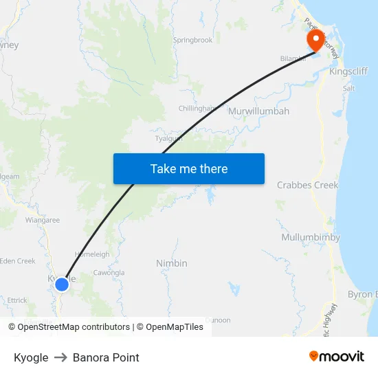 Kyogle to Banora Point map