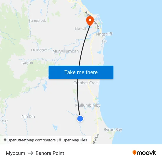 Myocum to Banora Point map