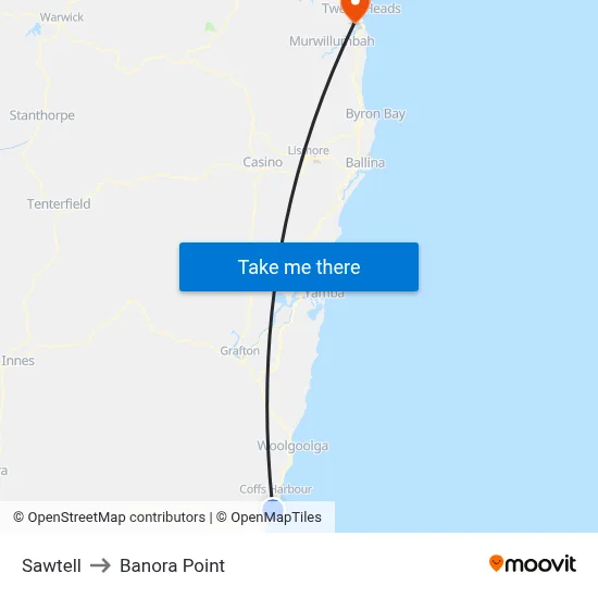 Sawtell to Banora Point map