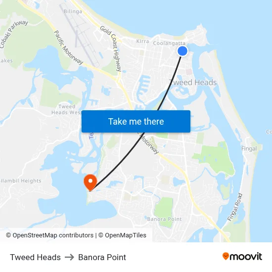 Tweed Heads to Banora Point map