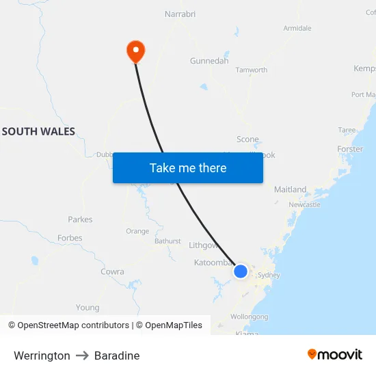 Werrington to Baradine map