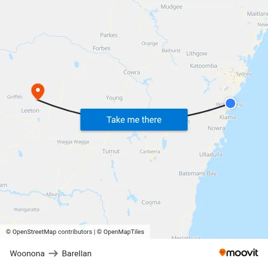 Woonona to Barellan map
