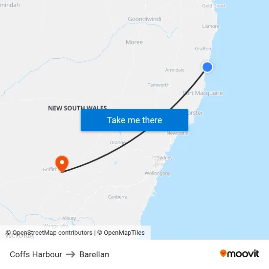 Coffs Harbour to Barellan map