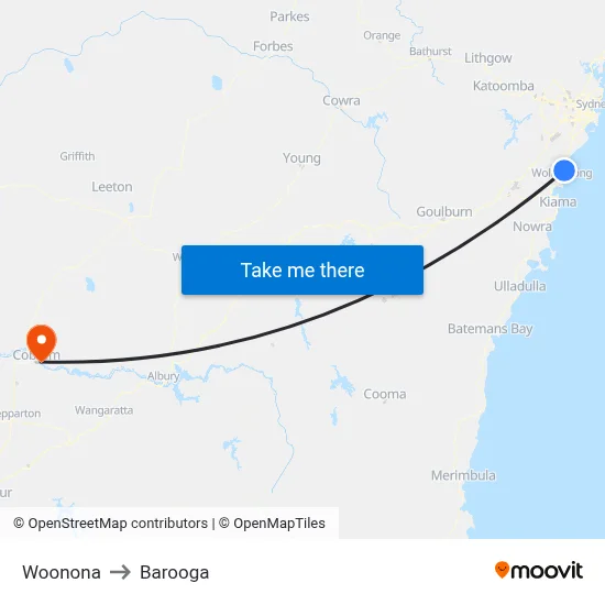 Woonona to Barooga map