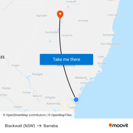 Blackwall (NSW) to Barraba map