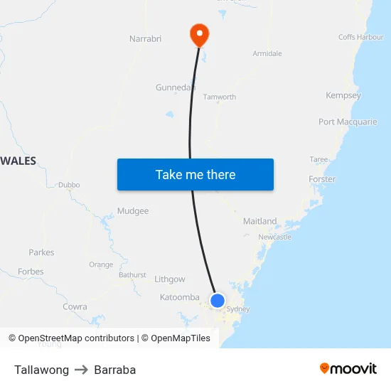 Tallawong to Barraba map