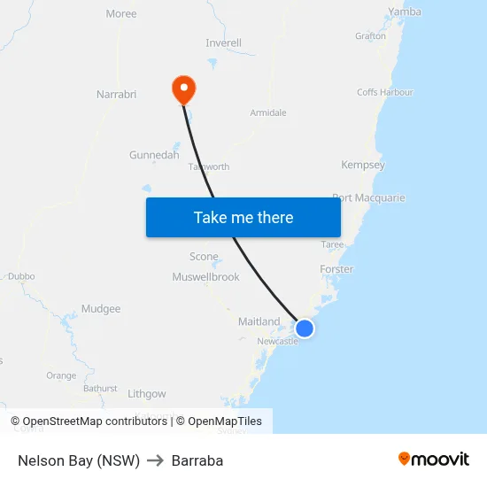 Nelson Bay (NSW) to Barraba map