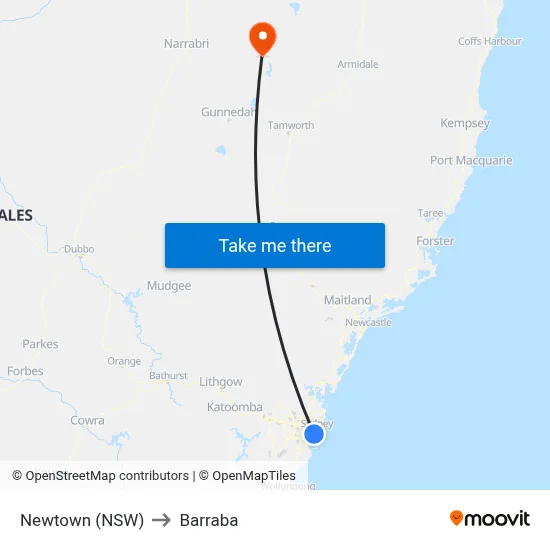 Newtown (NSW) to Barraba map