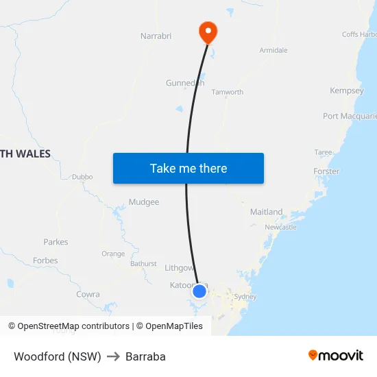 Woodford (NSW) to Barraba map