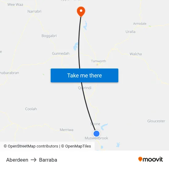 Aberdeen to Barraba map