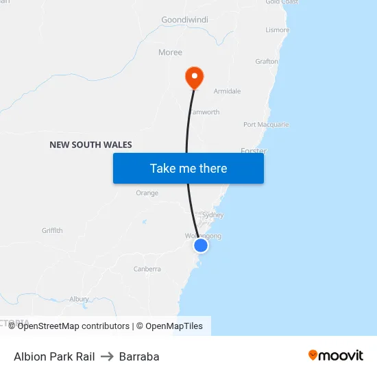 Albion Park Rail to Barraba map