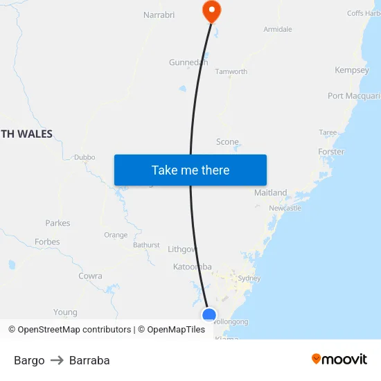Bargo to Barraba map
