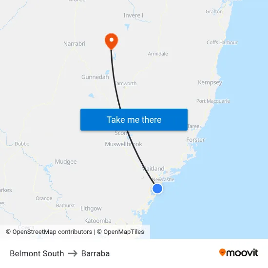 Belmont South to Barraba map