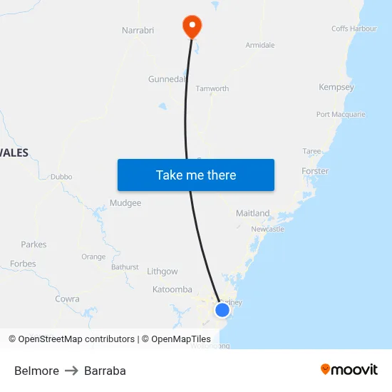 Belmore to Barraba map