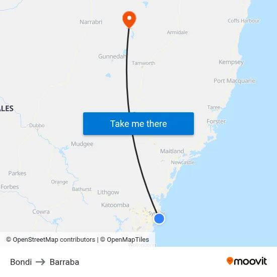 Bondi to Barraba map