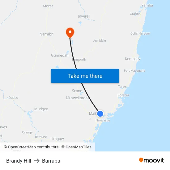 Brandy Hill to Barraba map