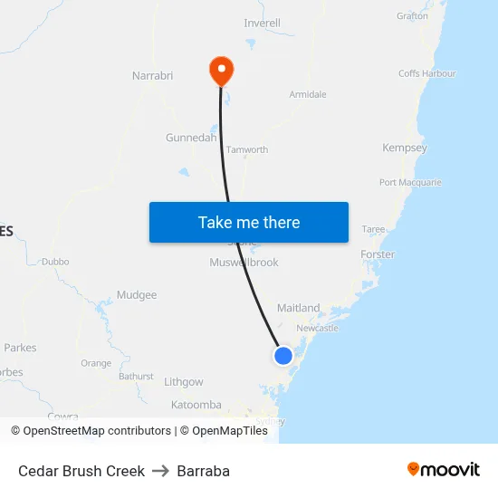 Cedar Brush Creek to Barraba map