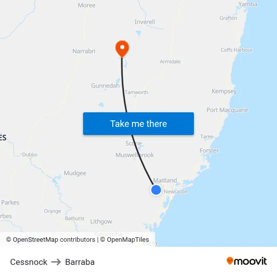 Cessnock to Barraba map