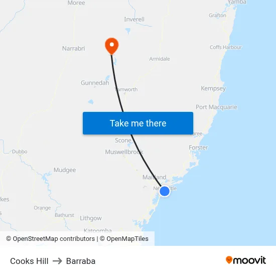 Cooks Hill to Barraba map