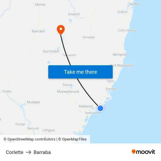 Corlette to Barraba map